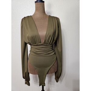 Women’s Olive Green Deep V-Neck Long Sleeve Puff Shoulder Bodysuit Size M